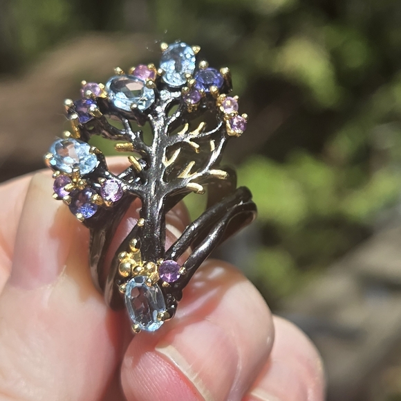 πHOST PICK π Blue Topaz Lolite & Amethyst Sterling Rhodium & Gold ring sz6.75 - Picture 3 of 13